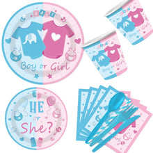 Load image into Gallery viewer, 92PCS Gender Reveal Party Supplies Set, Boy or Girl Baby Shower Decorations with Disposable Paper Plates, Cups, Napkins, Tablecloth, Banner, Balloons, Forks, Knives &amp; Spoons
