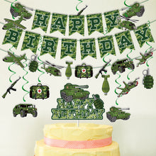 Load image into Gallery viewer, GDGDTOO Camo Military Happy Birthday Banner, Army Camouflage Party Banner with Hanging Swirls &amp; Cake Topper Cupcake Picks, Tactical Vehicle Themed Wall Banner Decor, Indoor Outdoor Birthday Photo Backdrop Party Supplies
