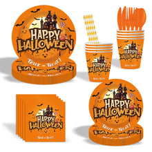 Load image into Gallery viewer, 92PCS Halloween Party Supplies Set, Spooky Halloween Party Decorations with Disposable Paper Plates, Cups, Napkins, Table Cover, Banner, Forks, Knives &amp; Spoons for Trick or Treat, Haunted House &amp; Birthday Party
