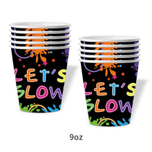 Load image into Gallery viewer, 90Pcs Glow Party Tableware Set, Neon Black Light Disposable Plates Cups Napkins Cutlery Kit, "Let's Glow" Birthday Party Supplies for 10 Guests, UV Neon Party Decorations
