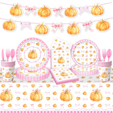 Load image into Gallery viewer, 82PCS Fall Bow Pumpkin Thanksgiving Party Supplies Set, Disposable Paper Plates, Napkins, Tablecloth &amp; Banner Bunting for Autumn Birthday Party, Thanksgiving Dinner &amp; Harvest Holiday Decorations
