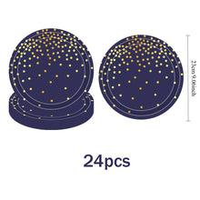 Load image into Gallery viewer, 96PCS Dark Blue Gold Foil Polka Dot Disposable Party Tableware Set Serves 24 Guests, Paper Plates Paper Cups Napkins Elegant Birthday Party Supplies
