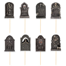 Load image into Gallery viewer, 8PCS Halloween Tombstone Cake Toppers, RIP Skull Graveyard Cupcake Picks, Spooky Ghost Festival Dessert Decor Supplies
