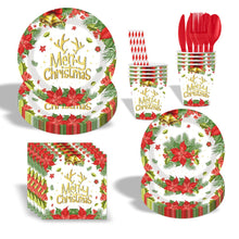 Load image into Gallery viewer, 90pcs Christmas Party Supplies, Disposable Tableware Set Includes Plates, Napkins, Cups, Cutlery, Straws, Banner &amp; Tablecloth, for Holiday Dinner &amp; Winter Gatherings
