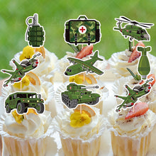 Load image into Gallery viewer, GDGDTOO Camo Military Happy Birthday Banner, Army Camouflage Party Banner with Hanging Swirls &amp; Cake Topper Cupcake Picks, Tactical Vehicle Themed Wall Banner Decor, Indoor Outdoor Birthday Photo Backdrop Party Supplies
