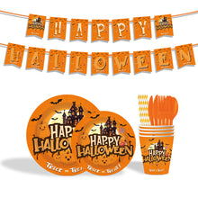 Load image into Gallery viewer, 92PCS Halloween Party Supplies Set, Spooky Halloween Party Decorations with Disposable Paper Plates, Cups, Napkins, Table Cover, Banner, Forks, Knives &amp; Spoons for Trick or Treat, Haunted House &amp; Birthday Party
