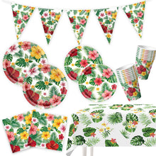Load image into Gallery viewer, 82PCS Hawaiian Tropical Party Supplies Set, Palm Leaf Disposable Paper Plates, Cups, Tablecloth, Birthday Banner &amp; Pennant Flags for Luau Birthday Party &amp; Summer Celebration Decorations
