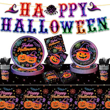 Load image into Gallery viewer, 82PCS Neon Halloween Party Supplies Set, Pumpkin Head Disposable Paper Plates, Tablecloth &amp; Banner Bunting for Spooky Halloween Party, Haunted House, Trick or Treat &amp; Holiday Decorations
