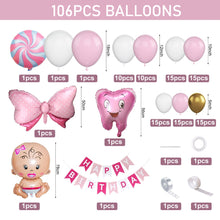 Load image into Gallery viewer, 106PCS Pink White Butterfly Balloon Garland Arch Kit, First Tooth Themed Decor for Baby Shower Birthday Party Backdrop Supplies
