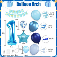 Load image into Gallery viewer, 86PCS Blue Balloon Garland Arch Kit, Navy &amp; Light Blue Balloons with Number 1 Star Balloons and Happy Birthday Banner for 1st Birthday, Gender Reveal, Shower &amp; Party Decorations
