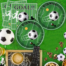Load image into Gallery viewer, 108PCS Soccer Themed Party Decorations Set Serves 40, Soccer Birthday Supplies with Plates, Napkins, Banner, Hanging Swirls, Balloons, Tablecloth for Soccer Sports Birthday Table Decorations
