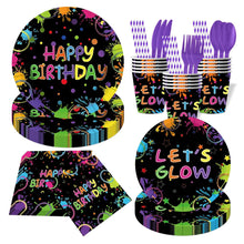 Load image into Gallery viewer, 90Pcs Glow Party Tableware Set, Neon Black Light Disposable Plates Cups Napkins Cutlery Kit, "Let's Glow" Birthday Party Supplies for 10 Guests, UV Neon Party Decorations
