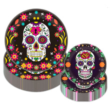 Load image into Gallery viewer, 20PCS Mexican Day of the Dead Halloween Party Tableware Serves 20 Guests, Sugar Skull Disposable Paper Plates Spooky Horror Party Atmosphere Decor Supplies
