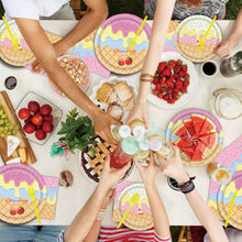 Load image into Gallery viewer, 82Pcs Ice Cream Themed Birthday Party Supplies, Disposable Tableware Set with Banner, Tablecloth, Plates, Napkins, Cups Cutlery for Sweet One Birthday Baby Shower Summer Party Decorations
