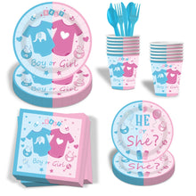 Load image into Gallery viewer, 92PCS Gender Reveal Party Supplies Set, Boy or Girl Baby Shower Decorations with Disposable Paper Plates, Cups, Napkins, Tablecloth, Banner, Balloons, Forks, Knives &amp; Spoons
