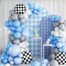 Load image into Gallery viewer, 107PCS Race Car Balloon Garland Arch Kit, Pastel Sky Blue Macaron Balloon Decorations for 1st Birthday Party, Baby Shower, Kids Racing Theme Celebration &amp; Photo Backdrop
