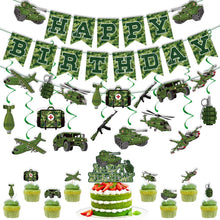 Load image into Gallery viewer, GDGDTOO Camo Military Happy Birthday Banner, Army Camouflage Party Banner with Hanging Swirls &amp; Cake Topper Cupcake Picks, Tactical Vehicle Themed Wall Banner Decor, Indoor Outdoor Birthday Photo Backdrop Party Supplies
