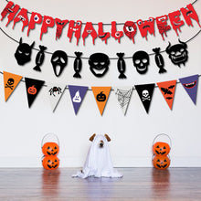 Load image into Gallery viewer, Horror Bloody Skull Halloween Hanging Pull Flag Banner, Blood Stain Skeleton Garland Bunting Decor, Creepy Atmosphere Layout Supplies for Haunted House, Bar Wall, Ghost Festival and Scary Themed Birthday Party Indoor Scene Arrangement
