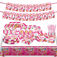 Load image into Gallery viewer, 92PCS Candyland Birthday Party Supplies Set, Lollipop Candy Party Decorations with Disposable Paper Plates, Cups, Napkins, Straws &amp; Banner, Sweet Candy Theme Tableware for Kids Birthday Celebration
