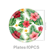 Load image into Gallery viewer, 82PCS Hawaiian Tropical Party Supplies Set, Palm Leaf Disposable Paper Plates, Cups, Tablecloth, Birthday Banner &amp; Pennant Flags for Luau Birthday Party &amp; Summer Celebration Decorations

