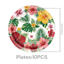 Load image into Gallery viewer, 82PCS Hawaiian Tropical Party Supplies Set, Palm Leaf Disposable Paper Plates, Cups, Tablecloth, Birthday Banner &amp; Pennant Flags for Luau Birthday Party &amp; Summer Celebration Decorations
