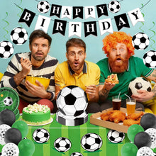 Load image into Gallery viewer, 108PCS Soccer Themed Party Decorations Set Serves 40, Soccer Birthday Supplies with Plates, Napkins, Banner, Hanging Swirls, Balloons, Tablecloth for Soccer Sports Birthday Table Decorations
