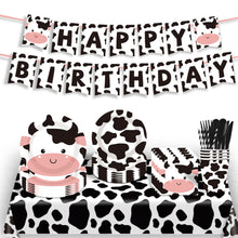 Load image into Gallery viewer, 92PCS Cow Party Supplies Set, Farm Animal Birthday Party Decorations with Disposable Paper Plates, Cups, Napkins, Tablecloth, Banner, Forks, Knives &amp; Spoons, Barnyard Theme Party Tableware

