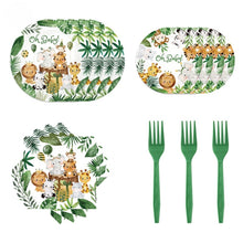 Load image into Gallery viewer, 96PCS Jungle Safari Animal Themed Disposable Tableware 4-in-1 Set, Paper Plates Napkins Cups Plastic Forks Birthday Party Supplies
