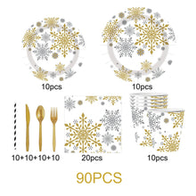 Load image into Gallery viewer, 90PCS Snowflake Christmas Party Supplies Set, Winter Wonderland Christmas Decorations with Disposable Paper Plates, Cups, Napkins, Forks, Knives &amp; Spoons, Holiday Tableware Kit for Christmas Dinner, Family Gathering &amp; Winter Party
