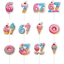 Load image into Gallery viewer, GDGDTOO Donut Ice Cream Happy Birthday Banner, Sweet Candy Style Party Banner with Hanging Swirls &amp; Cake Cupcake Toppers, Dessert Themed Wall Banner Decor, Indoor Outdoor Photo Backdrop Birthday Party Supplies
