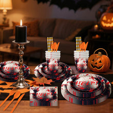Load image into Gallery viewer, 90PCS Halloween Bloody Handprint Party Supplies Set, Horror Theme Halloween Decorations with Disposable Paper Plates, Cups, Napkins &amp; Cutlery, Scary Tableware Kit for Haunted House, Costume Party &amp; Halloween Celebration
