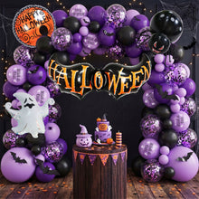 Load image into Gallery viewer, 58PCS Halloween Balloon Garland Kit, Black Purple Latex Balloon Arch Set with Backdrop Decorations, Spooky Halloween Party Supplies for Haunted House Decor
