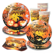 Load image into Gallery viewer, 40PCS Halloween Pumpkin Disposable Tableware Party Supplies Kit, Spooky Paper Plates, Napkins &amp; Paper Cups Set, Halloween Holiday Table Decorations for Indoor Outdoor Yard Party, Haunted House Birthday Gathering Layout Ornaments
