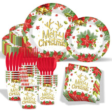 Load image into Gallery viewer, 90pcs Christmas Party Supplies, Disposable Tableware Set Includes Plates, Napkins, Cups, Cutlery, Straws, Banner &amp; Tablecloth, for Holiday Dinner &amp; Winter Gatherings

