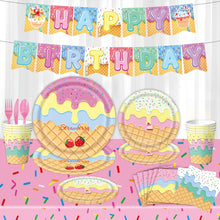 Load image into Gallery viewer, 82Pcs Ice Cream Themed Birthday Party Supplies, Disposable Tableware Set with Banner, Tablecloth, Plates, Napkins, Cups Cutlery for Sweet One Birthday Baby Shower Summer Party Decorations
