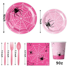 Load image into Gallery viewer, 100 PCS Pink Spider Birthday Party Supplies Set, Pink &amp; White Spider Web Disposable Tableware Kit with Plates, Napkins, Cups, Balloons, Banner, Tablecloth for Spooky Birthday Halloween Themed Celebrations
