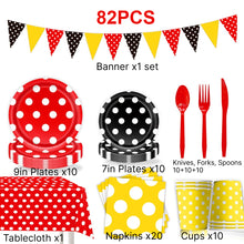 Load image into Gallery viewer, 82PCS White Polka Dot Birthday Party Supplies Set, Disposable Paper Plates &amp; Tableware with Decorative Banner and Triangle Pennant Flags for Birthday, Cake Table &amp; Party Decorations
