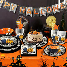 Load image into Gallery viewer, 90PCS Halloween Graveyard Party Supplies Set, Spider Web &amp; Pumpkin Halloween Decorations with Disposable Paper Plates, Cups, Napkins, Straws &amp; Cutlery, Spooky Tableware Kit for Haunted House &amp; Halloween Party
