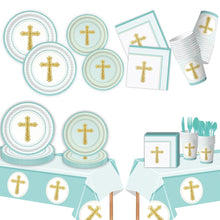 Load image into Gallery viewer, 91PCS Blue Cross Baptism Party Tableware Set, Disposable Paper Plates, Napkins &amp; Tablecloth for Baptism, Christening, First Communion, Birthday Celebration &amp; Religious Party Decorations
