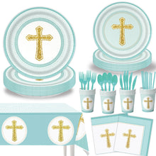 Load image into Gallery viewer, 91PCS Blue Cross Baptism Party Tableware Set, Disposable Paper Plates, Napkins &amp; Tablecloth for Baptism, Christening, First Communion, Birthday Celebration &amp; Religious Party Decorations
