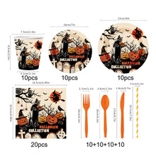 Load image into Gallery viewer, 90PCS Halloween Pumpkin &amp; Black Cat Party Supplies Set, Spooky Halloween Decorations with Disposable Paper Plates, Cups, Napkins &amp; Cutlery, Black Cat Theme Tableware for Costume Party, Birthday &amp; Family Gathering
