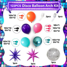 Load image into Gallery viewer, 123 PCS Disco Balloon Arch, 80s Balloon Arch Kit mit Hot Pink and Purple Teal Orange Metallic Green Balloons for Singer Music Fans
