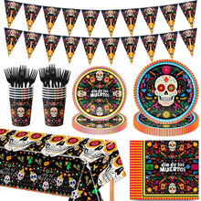 Load image into Gallery viewer, 82PCS Day of the Dead Party Supplies Set, Sugar Skull Disposable Paper Plates, Tableware, Tablecloth &amp; Banner Bunting for Día de los Muertos, Mexican Fiesta, Holiday Gathering &amp; Party Decorations
