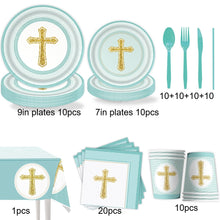 Load image into Gallery viewer, 91PCS Blue Cross Baptism Party Tableware Set, Disposable Paper Plates, Napkins &amp; Tablecloth for Baptism, Christening, First Communion, Birthday Celebration &amp; Religious Party Decorations
