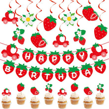 Load image into Gallery viewer, GDGDTOO Sweet Strawberry Happy Birthday Banner, Fruit Themed Party Banner with Hanging Swirls &amp; Cupcake Toppers, Red Berry Wall Banner Decor, Indoor Outdoor Photo Backdrop Birthday Party Supplies
