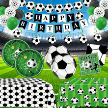 Load image into Gallery viewer, 108PCS Soccer Themed Party Decorations Set Serves 40, Soccer Birthday Supplies with Plates, Napkins, Banner, Hanging Swirls, Balloons, Tablecloth for Soccer Sports Birthday Table Decorations
