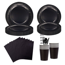 Load image into Gallery viewer, 90PCS Black Halloween Party Supplies Set, Spooky Halloween Decorations with Disposable Paper Plates, Cups, Napkins, Forks, Knives &amp; Spoons, Black Theme Tableware Kit for Halloween Birthday, Costume Party &amp; Holiday Celebration
