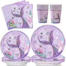Load image into Gallery viewer, 40PCS Dreamy Purple Mermaid Disposable Tableware Set, Mermaid Themed Paper Plates Napkins Cups Kit, Under The Sea Party Decor Supplies for Birthday, Baby Shower, Ocean Theme Celebration Table Layout Ornaments
