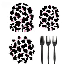Load image into Gallery viewer, 96pcs Cow Print Farm Animal Themed Disposable Tableware 4-in-1 Set, Paper Plates Napkins Paper Cups Plastic Forks Birthday Party Supplies

