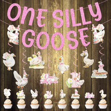 Load image into Gallery viewer, GDGDTOO One Silly Goose Glitter Letter Banner, White Goose Themed Party Banner with Hanging Swirls &amp; Cupcake Toppers, Pink Glitter Wall Banner Decor, Indoor Outdoor Photo Backdrop Celebration Party Supplies

